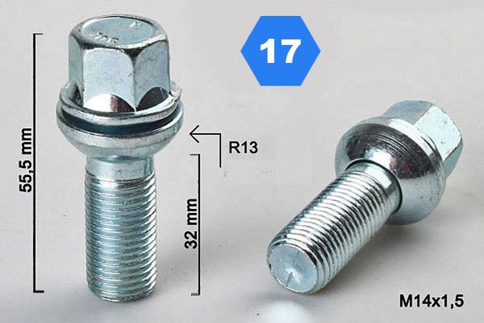 M14x1,5, Radius 13, Wielbout radius, Draadlengte 32mm, SW 17, o.a.VW/Audi